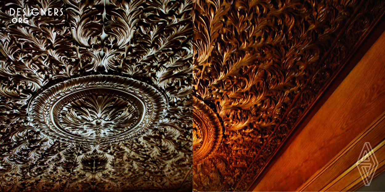 Rayon is a handcrafted ceiling made of solid oak wood in a dining room for a private client in Egypt. The design and execution for this French classic style piece of art took nearly one year to complete. Handcrafted by Egyptian artisans it is 4.25m by 6.80m, all covered in handcrafted solid oak wood motifs while satin luster and patina used to create its vintage look. The design concept resembles a sun with crepuscular like rays. The rays were designed to evince the leaves and branches that distinguish the flamboyant French Classic flair.
