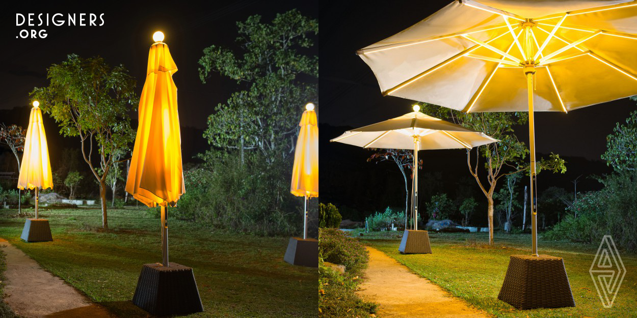 NI, the innovative combination of parasol and garden torch, is a brand new design embodying the adaptability of modern furniture. Integrating a classic parasol with versatile lighting system, NI Parasol is expected to play a pioneering role in enhancing the quality of street environment from morning to night. The proprietary finger-sensing OTC (one-touch dimmer) allows people to adjust the brightness of the 3-channel lighting system at ease. Its low-voltage 12V LED driver provides an energy-efficient power supply for the system with over 2000pcs of 0.1W LEDs, which generates very little heat.