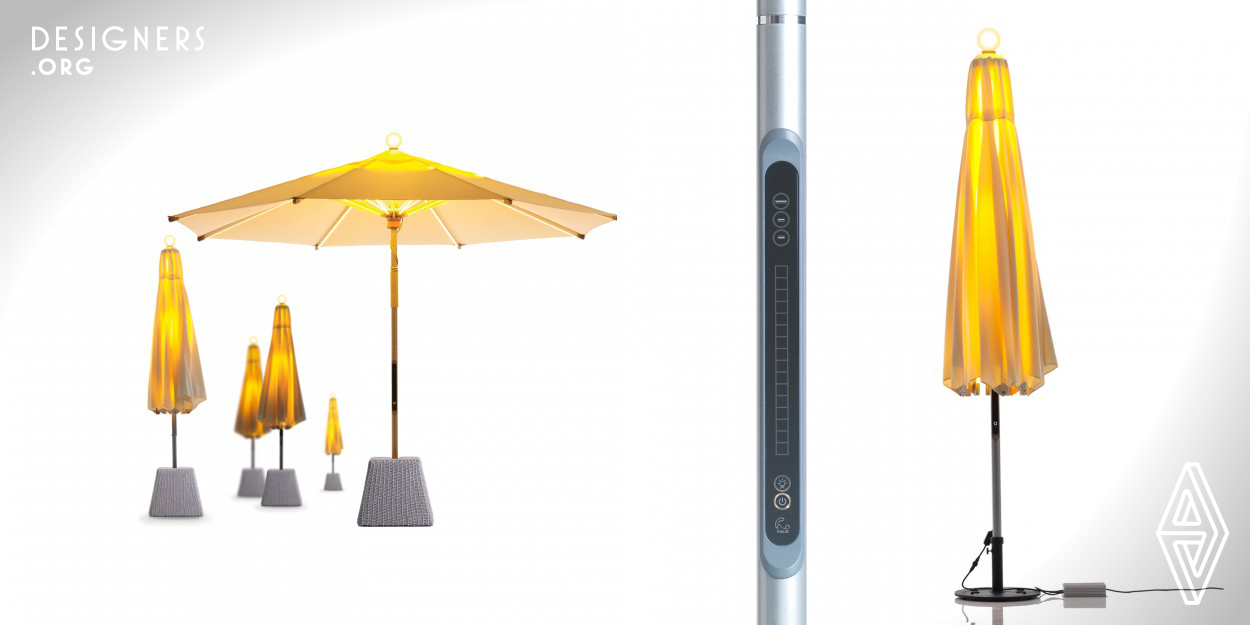 The brand new NI Parasol redefines lighting in a way that it can be more than a luminous object. Innovatively combining a parasol and garden torch, NI looks smart standing beside sun loungers on the poolside or other outdoor areas, from morning to night. The proprietary finger-sensing OTC (one-touch dimmer) allows users to adjust to desired lighting levels of the 3-channel lighting system at ease. NI also adopts a low voltage 12V LED driver that generates very little heat, providing an energy-efficient power supply for the system with over 2000 pieces of 0.1W LEDs. 