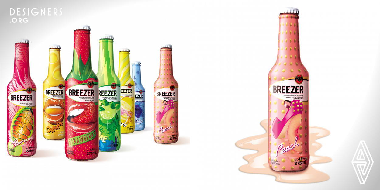 Interbrand was briefed to create Breezer's first-ever Limited Edition that screams internationality, sets its sights on the China market, and be irresistible to young females. The challenge was to keep the design uniquely true to the essence of each flavor, and yet still relevant to our female audience. The solution was a spontaneous physical interaction with each fruit’s appearance and texture, like squeeze a lime, so it is relevant to the product category. A twist was added to transform each bottle a special personality that reflects the bold and daring characteristics of female.