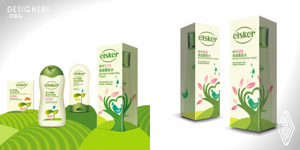 The challenge was to design Johnson & Johnson's Elsker personal care for mom and baby in China that clearly communicates the key benefits of each item and stays true to the core idea of Natural Protection. Through using layers in the main leaf graphic, it hints the idea of protection and the steady gradual development of a person from childhood to maturity. The illustration style follows the category language of child focused packaging with a simple design layout that clearly explains the differences between the products to facilitated the busy target market. 