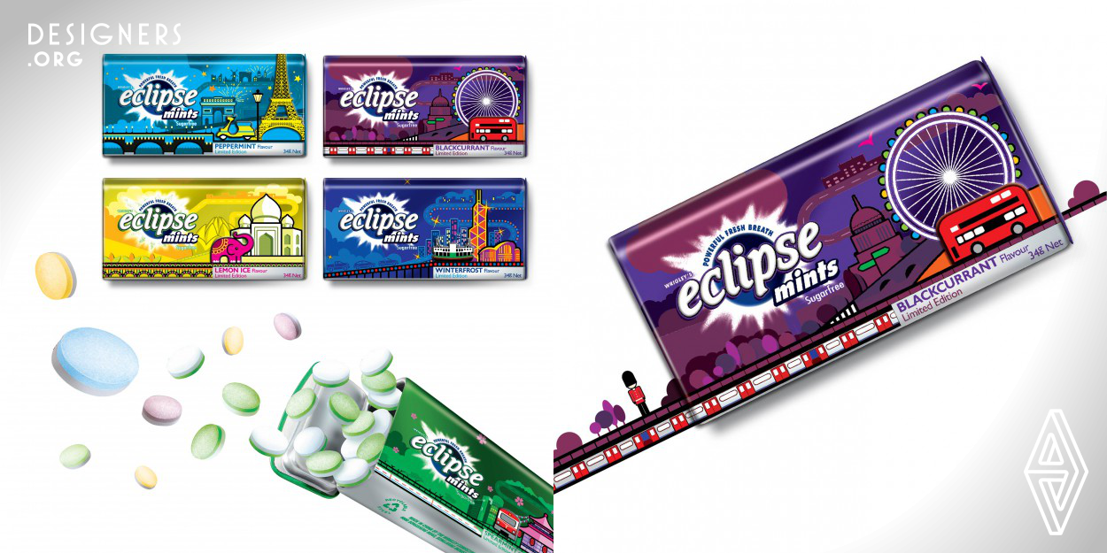 Eclipse Summer Edition works to help the brand maintain its momentum as the best-selling brand in pressed mints in Hong Kong. Interbrand was challenged to create packaging that would continue this trend of revitalization in a way to promote collection and engagement with the brand. The design captures transportation and landmarks that are iconic to travel destinations with simple yet modern illustration style. An emotional bond with the brand is created through authentic stories and captured experiences of little things that only those who truly have or truly want to explore can appreciate.