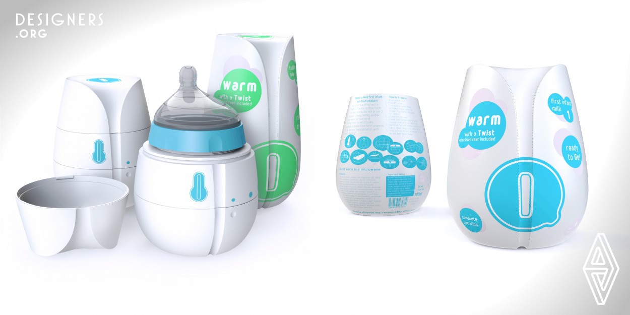 Qi, pronounced ‘Chi’, is a unique and elegant self-heating disposable baby bottle, designed by HJC Design to provide a thoughtful and practical way to feed your baby on the go and on demand. By combining the convenience of ready-made formula with an integrated heating system Qi provides parents with the independence to maintain ritual feeding pattern with minimum hassle.  An innovative design hygienically preserves ready-made formula that, with a simple twist of the base, can be safely heated to deliver a warm and satisfying feed when on the go, or in an emergency.