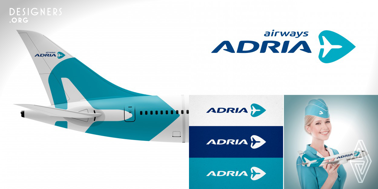 Adria is small and cozy aircompany with they's traditions and symbols. Despite of size, Adria represents whole nation — Slovenia. Main symbol of both — Slovenia and Adria, leaf of the linden, have been in project of corporate identification. New logo combines few images: the leaf of linden, an aircraft, an arrow and beautiful color. Primary color is specific in creation of identity, it is a symbol of reflection of the sky in Adriatic sea. 