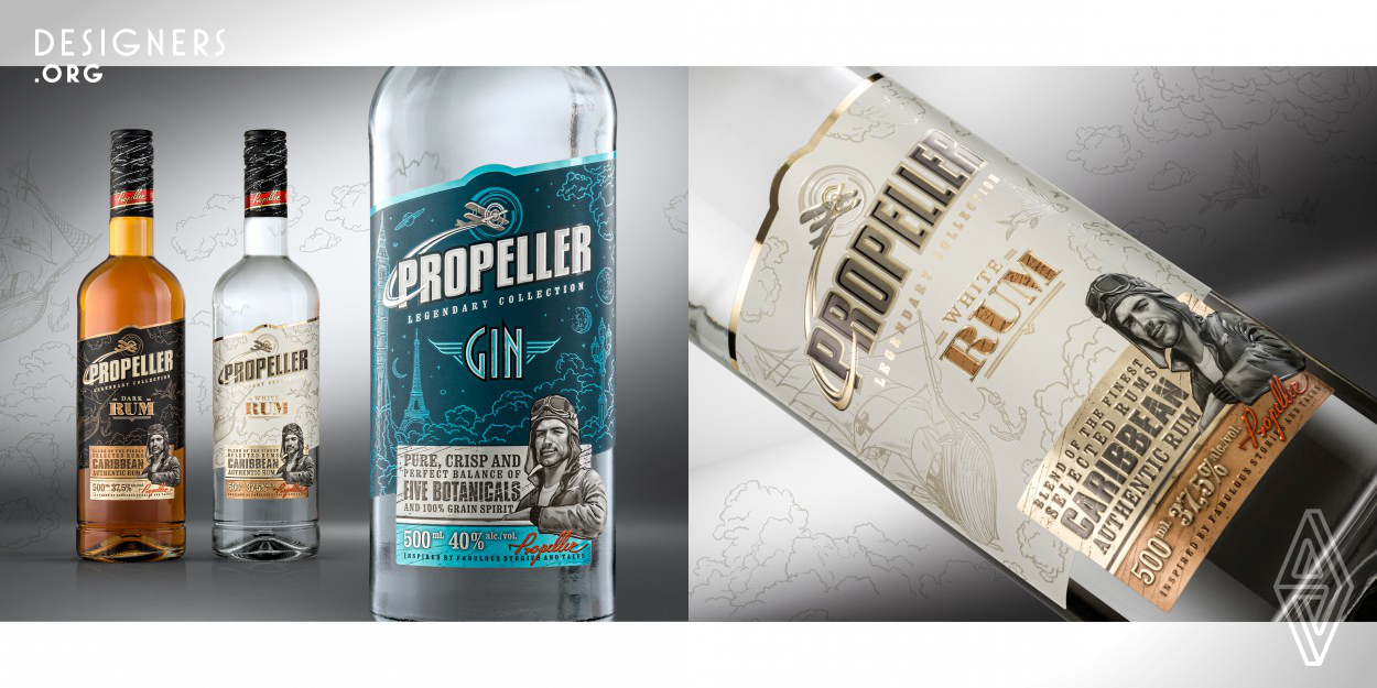 Propeller is a collection of spirits from various parts of the world, associated by air travel theme and a pilot traveller as a brand character. Features of each sort of beverage are exposed through numerous illustrations, inscriptions resembling aviation badges and sketches serving as cocktail recipes. Multifaceted design is complemented with various tones of coloured foil, different lacquers, patterns and embossing.