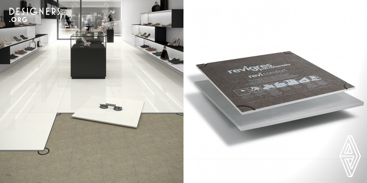 REVICOMFORT is a removable and reusable floor. Quick and easy to apply. Ready to use. Ideal for remodelling. In a single product it combines the technical characteristics of full-body porcelain tiles, the economic advantages of time-saving simplified placement, ease of mobility and reuse in different spaces. REVICOMFORT can be done in several Revigrés’ collections: various effects, colours and surfaces.