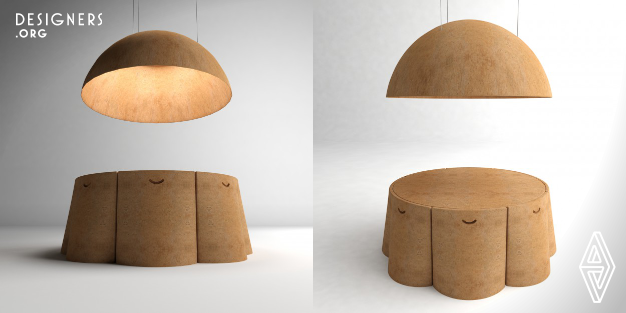 The shape and the unity of the object, combined with the innovative use of materials in the production as cork and "corkbalt" are unique factors that distinguish this piece from the others. Each chair is sculpted on a high technology CNC machine from a single block of cork. The same method is applied to the base of the table. The tabletop and the campanula of the luminaire are made of "corkbalt" (an innovative material that combines the basalt fiber with cork) which gives a lightness to the pieces. The lamp uses LED technology in its lighting system.