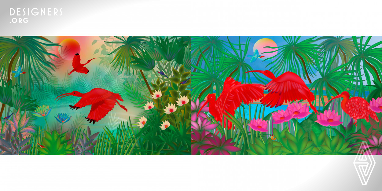 The project is a sequence of digital paintings of the Scarlet Ibis and its natural environment, with special emphasis on color and their vibrant hue that intensifies as the bird grows. The work develops amongst natural surroundings combining real and imaginary elements that provide unique features. The scarlet ibis is a native bird of South America that lives on the coasts and marshes of northern Venezuela and the vibrant red color constitutes a visual spectacle for the viewer. This design aims to highlight the graceful flight of the scarlet ibis and the vibrant colors of the tropical fauna.