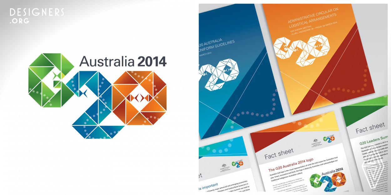 Smart, innovative and fresh, the Corporate Identity for G20 Australia 2014 is distinctly Australian and acknowledges its colorful landscapes and Indigenous heritage. The logo represents a weaving together of nations, a gathering of leaders and the journeys they will embark upon throughout 2013-14. Though contemporary use of bespoke Indigenous artwork, and its traditional visual story-telling elements, the identity distinguishes Australia as the host country for the G20 in 2014, and promises a new direction through an emphasis on collaboration and interaction between nations.