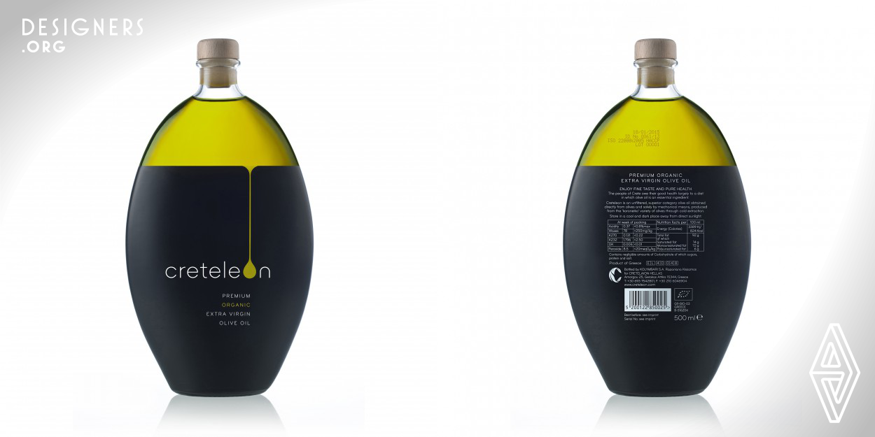 Creteleon is a Premium Organic Extra Virgin Olive Oil produced on the island of Crete. It is the "child" of a family with passion and love for olive oil for more than four generations, with emphasis on quality and the organic process. 
The brief was to design a creative label that would showcase the unique bottle design and also protect the contents within. The design was conceived to attract customers’ attention and communicate the simplicity of from and function.