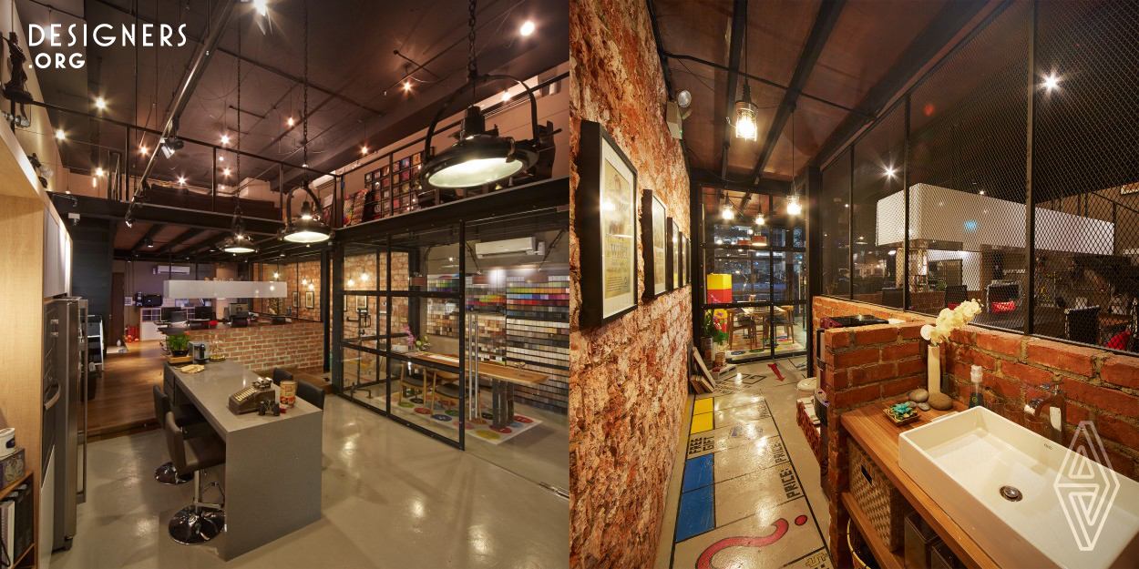 A Singapore interior design office had been designed to attract talents to showcase their creativity to the local market. The environment had been created to visualize the theory of "Work, Play and Relax" concept in the space itself. The space is divided into 2 levels which consist of work-space below and entertainment on the loft. Colors are chosen meticulously to merge comfortably into the concept, allowing every senses to feel at peace, yet enticingly exciting. A well planned blend of materials, warm and cool, timber and metals, creating different levels of Design.