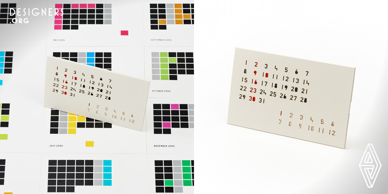 The Color Cartridge composed of a date template and sheet showing days of the week. Insert a new sheet printed with color blocks each month to create a calendar for that month from the cutout numbers. The typeface is an original design. The color of sunday and national holiday changes every month. Quality designs have the power to modify space and transform the minds of its users. They offer comfort of seeing, holding and using. They are imbued with lightness and an element of surprise, enriching space. Our original products are designed using the concept of Life with Design.