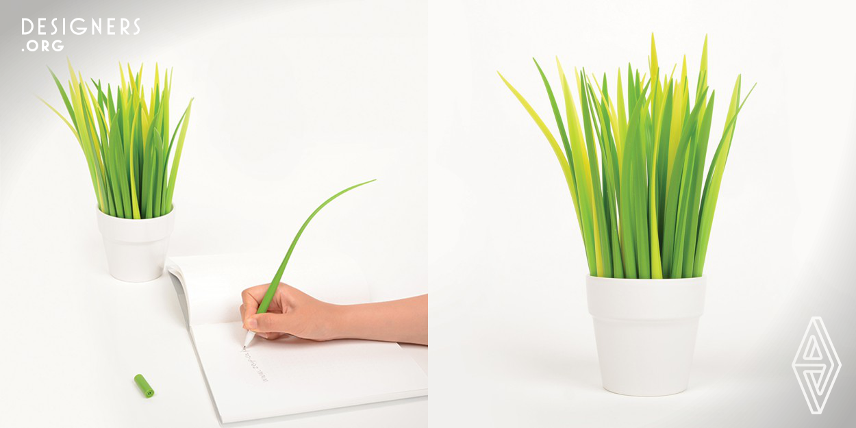 Designers considered how they can make the boring routine fun when they design the product. POOLEAF is just a pen  but it makes you happy with its playful nature. POOLEAF is made of soft silicone. Designers did extensive research on the materials and colors in order to make POOLEAF look like real grass.   