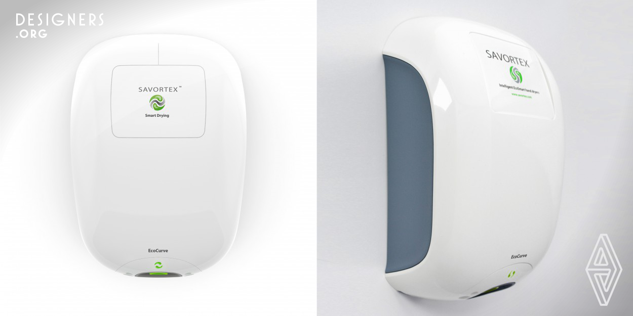 EcoCurve is an intelligent, environmentally friendly hand dryer developed to minimise energy consumption and noise pollution. The super-efficient digital brushless motor dries hands within 11 seconds, equating to a cost saving of 99% compared to paper towels. The patented compression and heat recover system generates warmth without additional heating elements. The intelligent inbuilt energy monitoring systems wirelessly reports to a building management server providing crucial real time information to further minimise consumption and manage energy allocation.