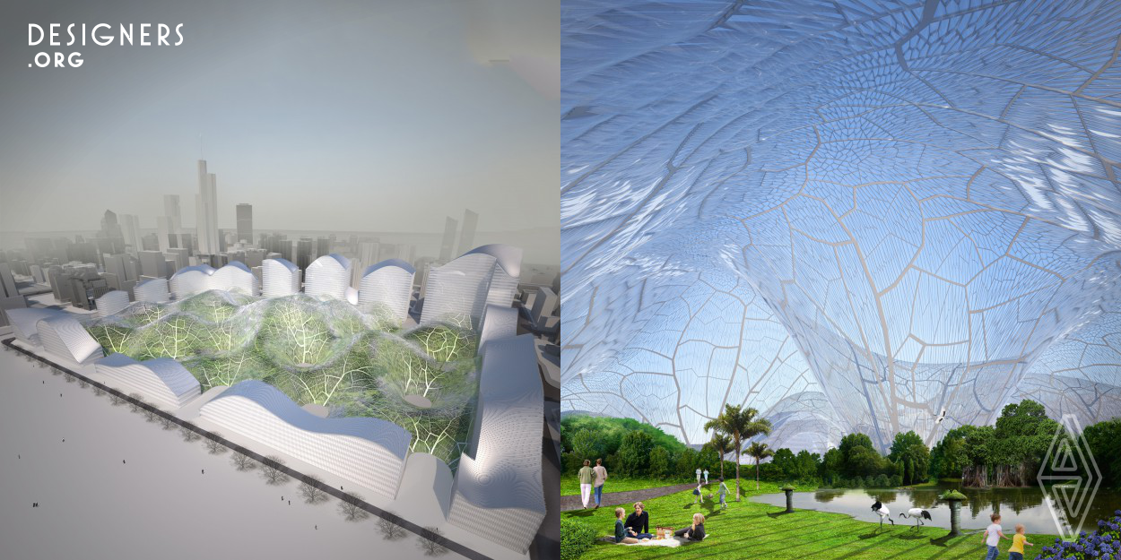 Bubbles is the proposal for a smog-proof urban botanical garden. Designed for cities with air qualitiy problems, the buildings which finance the park are moved to the edges of the plot to make space for the garden in the centre.  The park is covered by a light-weight and economic ETFE surface. The allows for a controlled climate for the plants and for an enclosed space which contains fresh filtered air.