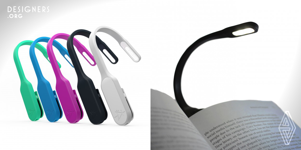 The Recharge ushers in a new era of book lights, changing the way book lovers everywhere read. With its slim, portable body finely crafted of matte Silicone, the Recharge fluidly bends in any direction to cast a bright white beam wherever needed. Its two LEDs provide 8 lumens of light, while its sturdy, petite clip firmly grasps book pages. The eco-friendly Recharge has a 16 hour battery life and charges via an included micro USB cable, eliminating the need to replace the battery. Designed for sustainability, the Recharge's LEDs last 50,000 hours and never require a replacement bulb. 