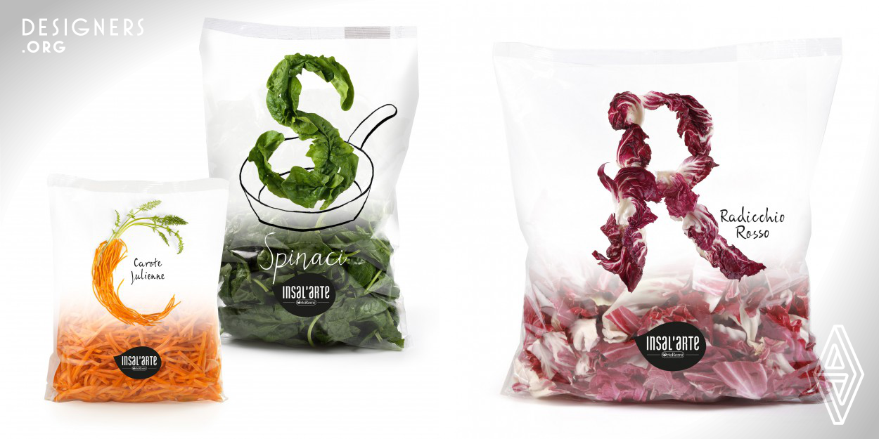 The pack contains fresh salad. Every package shows the initial letter of the product which is inside of it (as for example: L for Lattughino, S for Spinaci etc.). For the realization of every letter it has been created a sculpture made with salad’s leaves which it was photographed (without any image editing or 3d graphics), using the salad contained in the package. The result not only shows the fresh product contained in the package but also creates immediate recognisability when shelf stocked and the possibility to establish customer interaction having the entire alphabet at their disposal.