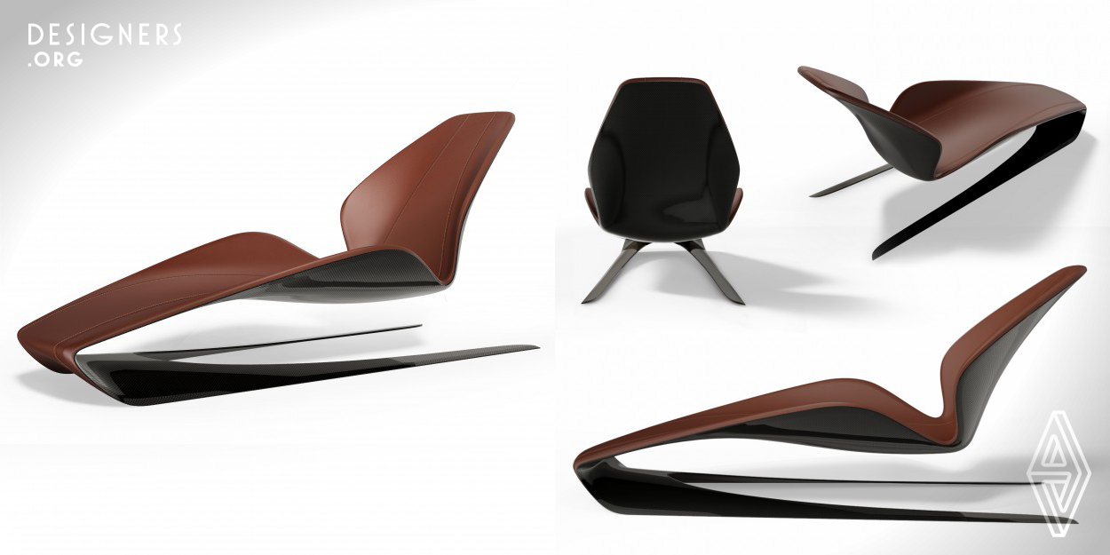 Concept of this design is following 2 points.  1,Simplicity structure: This chair is composed of just 2 design elements like carbon fiber panel and leather pad. Mainly, both of these become organic one-motioned panel work. The both sides of the "united panel" play the main part functionally and visually.  2,Something like Objets d'art: Long chair should be nice looking and the existence should be symbolic in the room. Its imbalanced appearance and dynamic shape are inspired by traditional tree style in Japan like Bonsai. Besides it express function which hold person in midair.