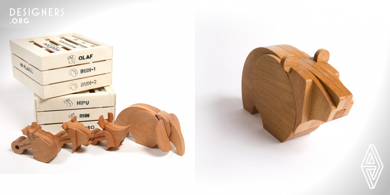 At wodibow they believe that toys can mix design with being 100% natural. Mastodonts is a family of wooden magnetic animals inspired in architecture. From 1 body you can build 4 animals just by changing the heads, mouths and ears. No plastic, no paint, no varnish nor glue. It is all beech wood and magnets and finished with wax made of olive oil and beeswax. It is presented in a box made of poplar. They include a cloth and a tin of wax to maintain the Mastodonts. They design and produce in Spain to double-check every one of the pieces they make. To produce they use hi-tech CNC machinery.