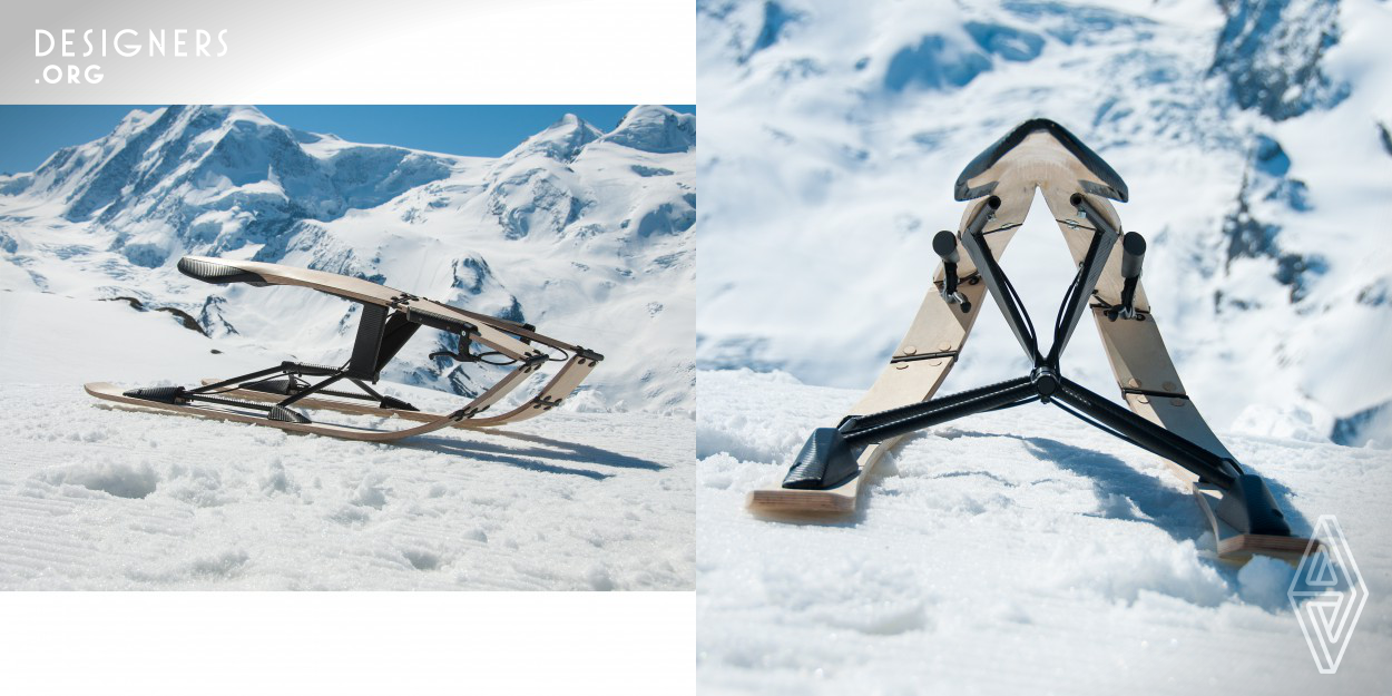 Aroc is a racing sledge with a unique steering mechanism that feels like riding a motorbike. By leaning to the side, the mobile body can turn in its centre axis and allow the waisted runners to tilt over, enabling carved turns. The designers sought to create a new feeling when riding a sledge and to embed these emotions into the design. The look is modern and dynamic and, despite the complex structure, very clean. 