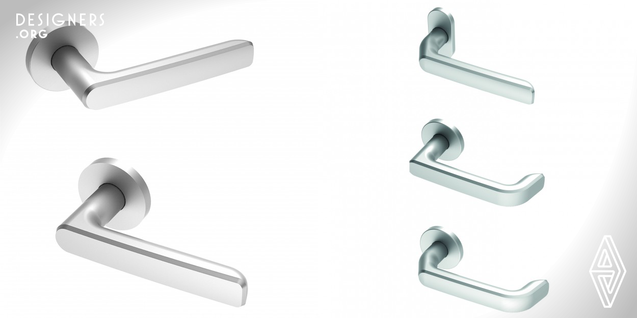 The OGRO 8115 door furniture range demonstrates how everyday objects can be reinvented without losing their essential utility. The clearly defined radii contrasted with the full radii element make the product more ergonomic. The overall dimension is adapted to the human motion sequences. 
The range encompasses standard, security and pull handles, door knobs and accessories of aluminum and stainless steel. The face surface texture is grinded horizontally. The pull handle range builds up on a system of 10 parts and a maximum length of 2400 cm.
