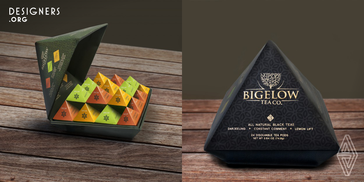 2013 marked the 68th anniversary for the Connecticut based specialty tea company Bigelow Tea Company. To commemorate this landmark, my assignment was to reinvent the Bigelow Tea brand through an innovative product delivery system, introduced in a high-end gift set package and identity. The innovative tea concept I developed was Bigelow’s signature teas in the form of a dissolvable powder, compacted into a sphere shape. I expanded on these diamond-rotated cubes in the gift box construction, resulting in a pyramid inspired structure that is modern and unique compared to the competition.