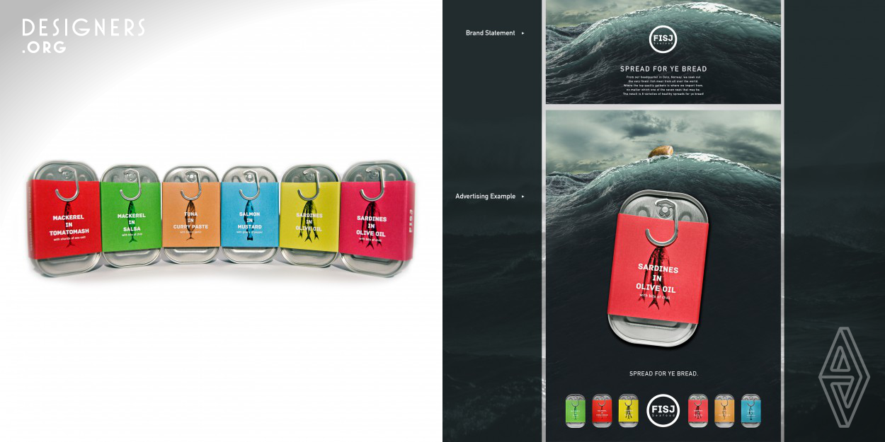 The design of "Fisj", by Simen Wahlqvist, is done in such a way that the viewer instantly gets the concept without even having to read the text on the package. The visual of the tin opener shaped like a hook tells a story without using words at all, instead it alludes to how the product got from the sea, to the supermarket shelves and eventually onto a slice of bread.