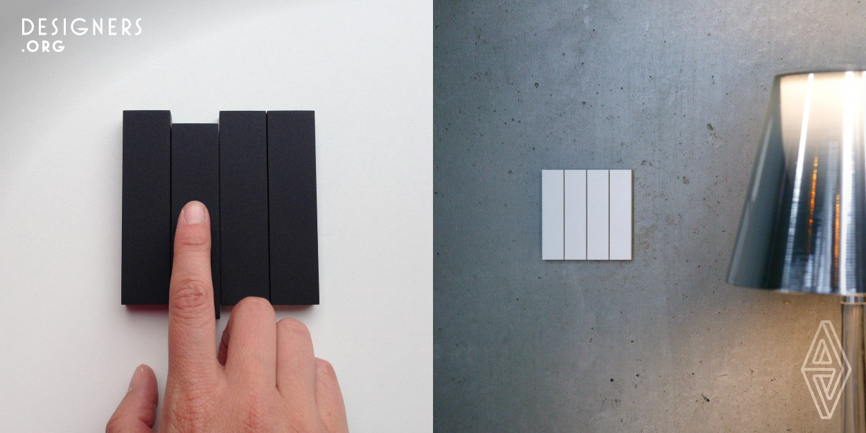 Aesteem is the starting point –or the finishing touch- of an architectural journey. Some may call it a simple lightswitch that turns electrical devices on and off. But it really is about making a switch towards the beauty in everyday life. The design is based on the perfect shape of a square. Slight pressure on each part sets the mechanical system in motion and turns the electricity on or off in a sliding movement. The switch then automatically returns to its original position. LED lights can be integrated on the backside to make it more visible