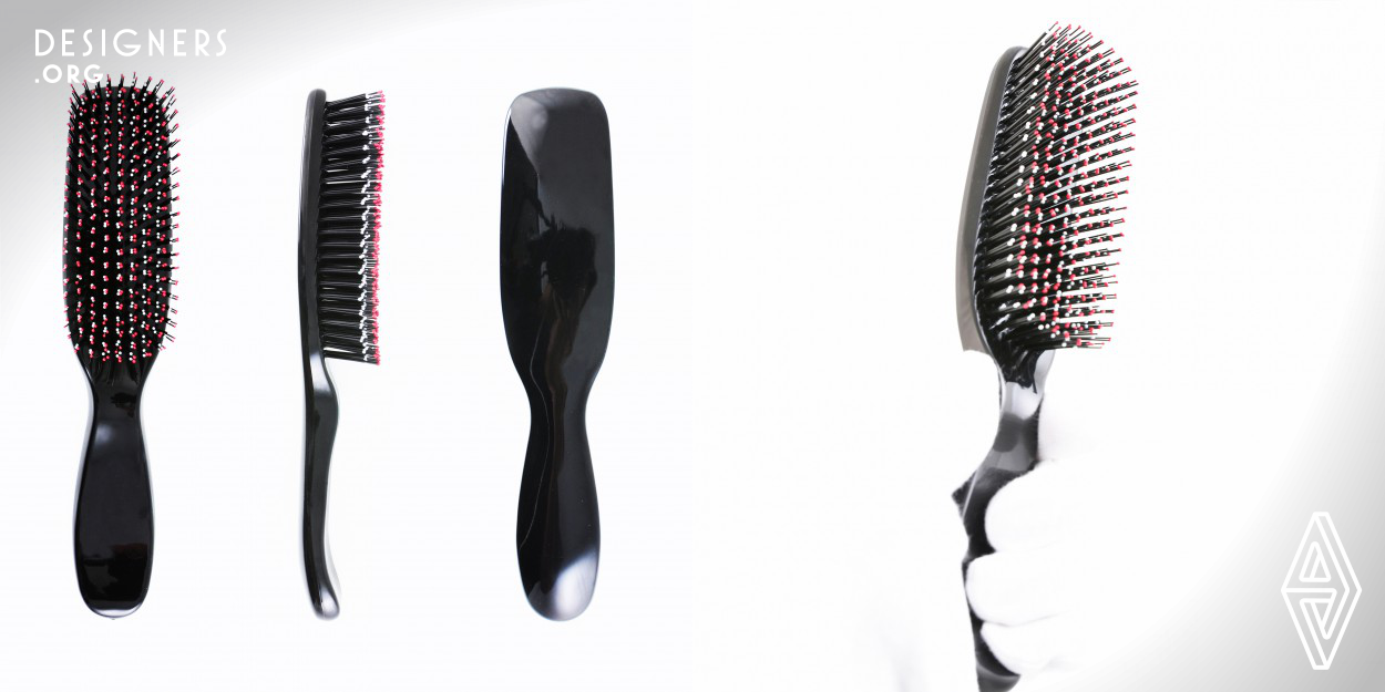 The Tender Care Brush is a multifunctional hairbrush. The long and short bristles design helps to detangle the hair while giving message effect to the scalp at the same time. From studying the defects of the regular tufting technology, the new tufting technology creates two layered colored ball tips bristles. There are no extended bristle cuts which will reduce the pulling and snagging the hair. The ergonomics handle design inspired from the hair curves is comfortable for holding and easy while styling the hair. 