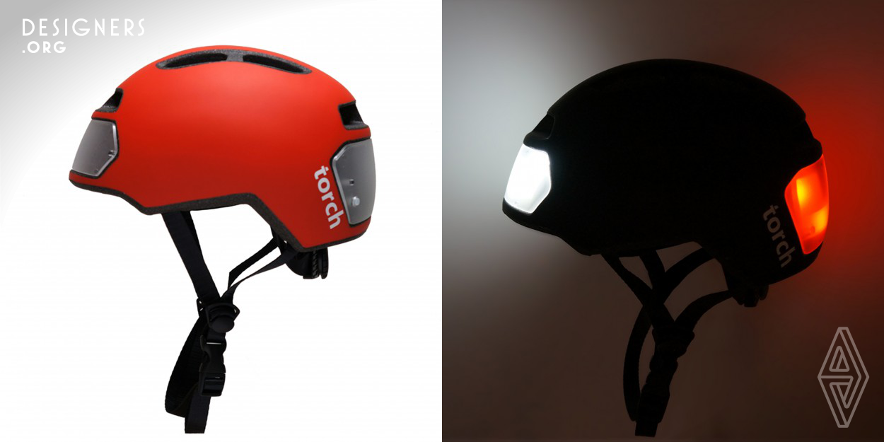 The T1 bike helmet is the first bike helmet to have 10 integrated LED lights and rechargeable batteries. The white front and red rear lights are visible from 360 degrees, making the rider more visible to automobile traffic. The lights feature four different functions including flash and steady and will last from 2 to 12 hours between charges depending on the light function used. Projecting the lights onto shatter-proof polycarbonate lenses helps to disperse the light creating two large lit surfaces, ideal for being visible in traffic and in urban environments.