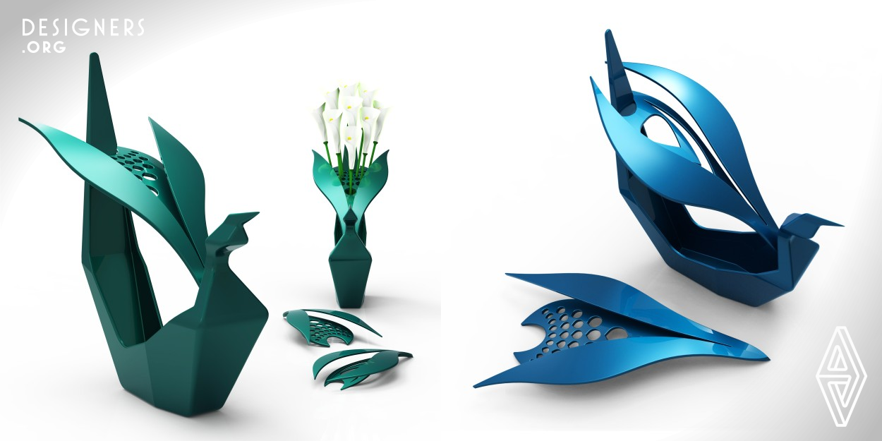 “Follow Me” is designed to be a sculptural vase and is inspired from the bird “Peacock”. The intent is to provide an aid for arranging flowers in patterns, and to help in increasing the post harvest life of cut flowers. The design has semi open form composed of a body and a wing piece to allow air circulation around stems and easy addition of water without disturbing the arrangement. The detachable wing pieces are perforated in different patterns to aid various arrangements. The vase provides aid for arrangement while the flowers complete the overall form, thus complementing each other. 