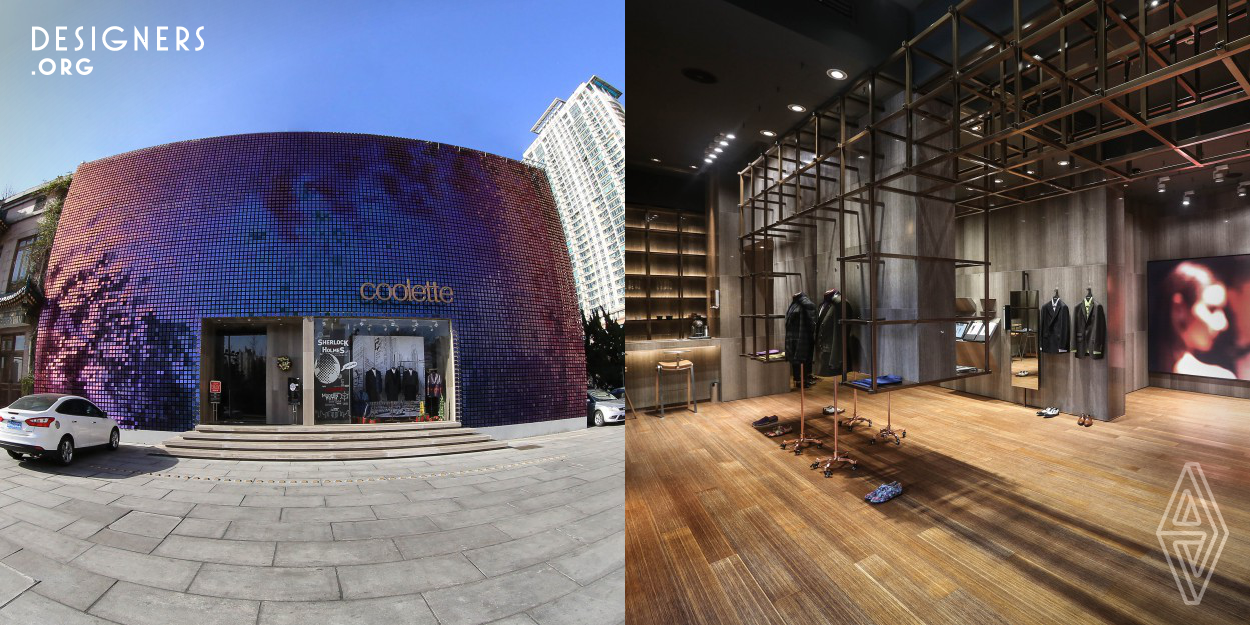 The design for Coolette, need to provide an accurate brand image, and it also needs to attract eyeballs. The idea is to use dynamic outer walls and rich skins. The exterior wall is made of thirty thousands pieces of stainless steel coated with special material, to reflect different colors and to display different expressions. The interior layer of ground floor is decorated with bamboo, copper pipe and grey marble to create a strong extensity. Black wood, white marble and mirror stainless steel has formed a purer style for the second floor to meet different display needs