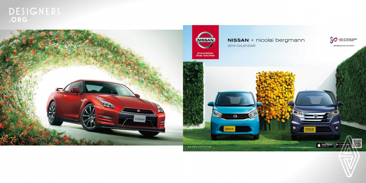 Each year Nissan produces a calendar under the theme of its brand tagline “Excitement unlike any other.” The year 2014 version is an innovative one, featuring “Nicolai Bergmann” who is a renowned floral design artist in Japan. All visual images used in the calendar include flower arrangements Nicolai Bergmann created based on inspirations he received from Nissan vehicles featured in the calendar. The spaces, in which “cars” and “flower arrangements” coexist, are the works of art themselves. We have taken photos of those spaces and placed the images throughout the 13-month calendar.