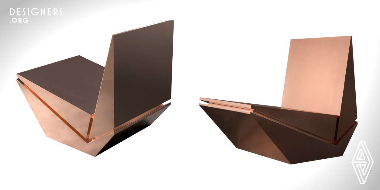 the project is an armchair made in two geometric volumes only ones embedded forming a Japanese origami, the simplicity of lines and edges enhances the polished finish that covers the necessary refinement of the project.Also discuss in the project's relationship with the reality of luxury design and lay on the threshold of question if art is deisgn.