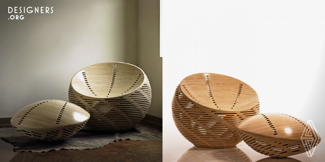The designer sought to create a piece of furniture that acted as both a functional seat as well as a sculptural conversation piece. Strata was created using digital 3D modeling, allowing for the exploration of many possibilities before a final design was chosen. The wood 'bricks' are cut from sheets of plywood using CNC technology, and assembled by hand. The surfaces of the seat and footrest are polished to a shine, and contrast the exterior surface of the overall form. When not in use, the footrest can be placed on the seat, transforming the chair into a purely sculptural piece.