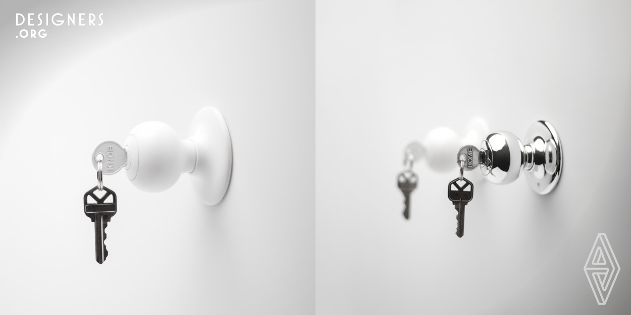 Doorknob is a playful wall mounted key holder that looks like an actual doorknob. Hang keys by inserting one key into the key slot. The slot is designed to fit with the key shaped keychain, as well as any other generic house key. The spherical knob doubles as a coat and hat hook. The idea is inspired by the funny moment when the designers couldn't find their keys, and realized that the keys have been hanging on their doorknob the entire time. The project started in 2013, and was showcased at the First Things First exhibition in NYC in 2014.