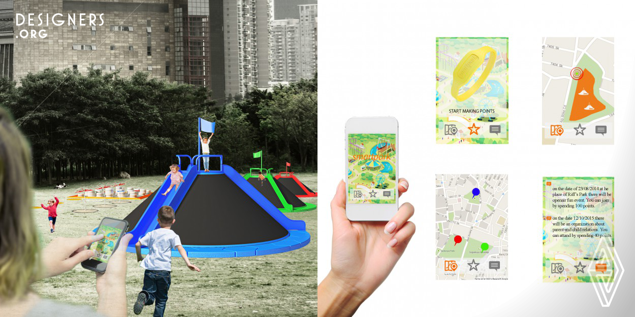 Smartpark is technology-based playground which offers a new play pattern. System encourages childrens to attend outdoor activities and to socialize in real life while it keeps track of their activities and locations to make parents feel secure about their children. Kids earn points due to their activities and these points are used as rewards. Reward system has wide range of reinforcements from toys of different stores which sign sponsorship with Smartpark to tickets for the educational events or openair child festivals which children can enjoy while learning.