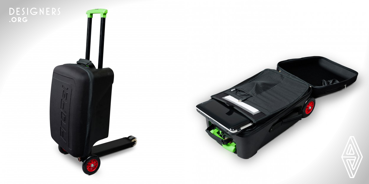 Olaf Business, a 3-in-1 hybrid of a carry-on airline-approved suitcase, a trolley, and a kick-scooter. With an instant pedal transformation system (patented folding system), you can safely and easily transform Olaf Business from a carry-on suitcase to a trolley or a three-wheeled kick scooter within seconds. Materials were carefully chosen to last and withstand real-life durability tests. The twin telescopic handlebar allows Olaf to be folded into a 1-inch thick platform, keeping its weight and volume to a minimum and maximizing the space (35l luggage space). The dimensions: 55cm x 34cm x 23cm