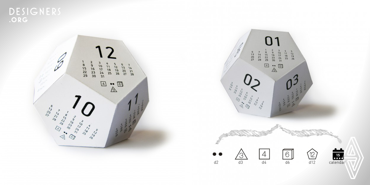 The Dicecal is a 12-sided 3D calendar with an extra feature: you can also use it as multiple role-playing dice. The decorative and creative design comes very handy to everyone who, like most gamers, are often in need of various dice. Each side shows not only a month of the year with the days but also a result of a roll using a 2-3-4-6-12 sided die as well.
