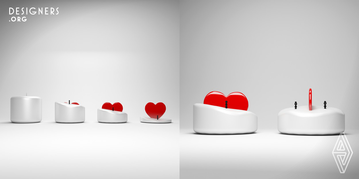 Ardora looks like an ordinary candle, but in fact it is very special. After being lit up, as the candle gradually melts it reveals a heart shape from within. The heart inside the candle is made out of heat-resistant ceramic. The wick separates inside the candle, going through the front and the back of the ceramic heart. In this way, the wax melts uniformly, revealing the heart inside. The candle can have different scents which can produce a very pleasant atmosphere. At a first glance, people would think that it is a usual candle, but as the candle melts they can discover its special feature.