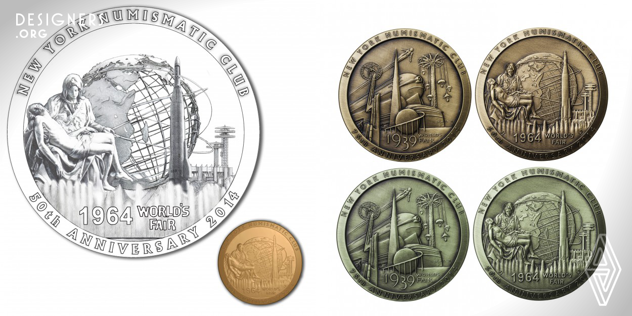 A medallic commemoration of the 1964 New York Word's Fair. This project concept connects the 1939 and the 1964 New York  World's Fairs, both having been sited in Flushing Meadows, New York. It was commissioned by the New York Numismatic Club, which celebrated the 100th anniversary of it's founding in concordance with the 75th and 50th anniversaries of both New York World's Fairs. The concept and design is the work of Joel Iskowitz, with the artist's mark, JI, appearing on the lower left of the field. Sculpted in bas relief by Luigi Badia with, LB, seen on lower right.