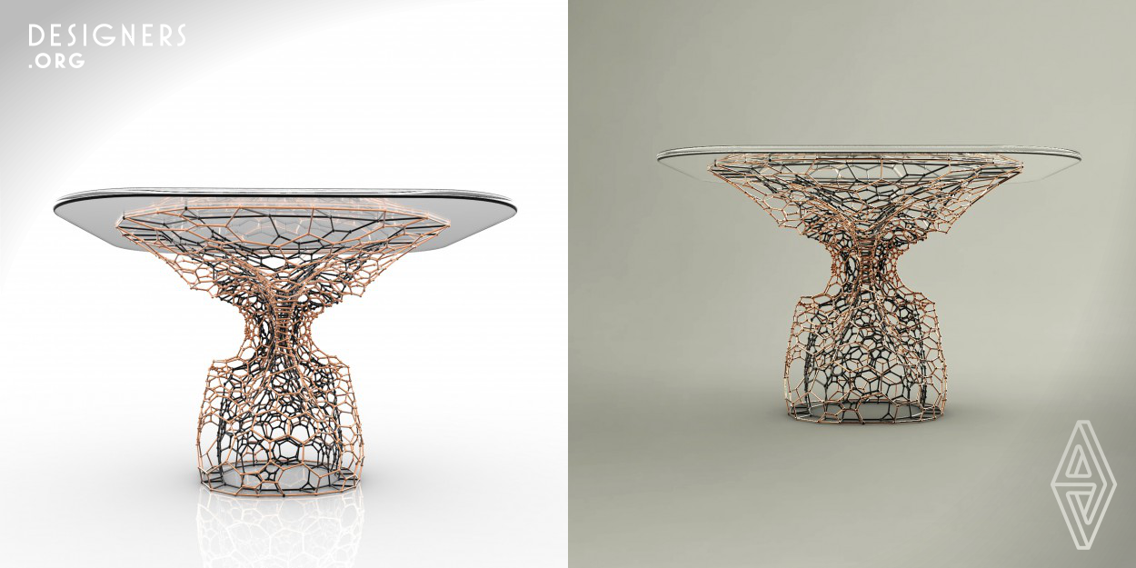 Cellular Table has been commissioned to explore new ways of producing metal in the field of furniture design. The project uses a double-layer algorithmic pattern to provide both strength and flexibility. The final form of the table is developed through multiple iterations of the algorithm to provide an optimum level of porosity and lightness. Finally, the manufacturing process offers the use of both 3d printing and electro-forming process to increase both lightweight and sculptural qualities of a typical metal furniture within in a given interior environment. 
