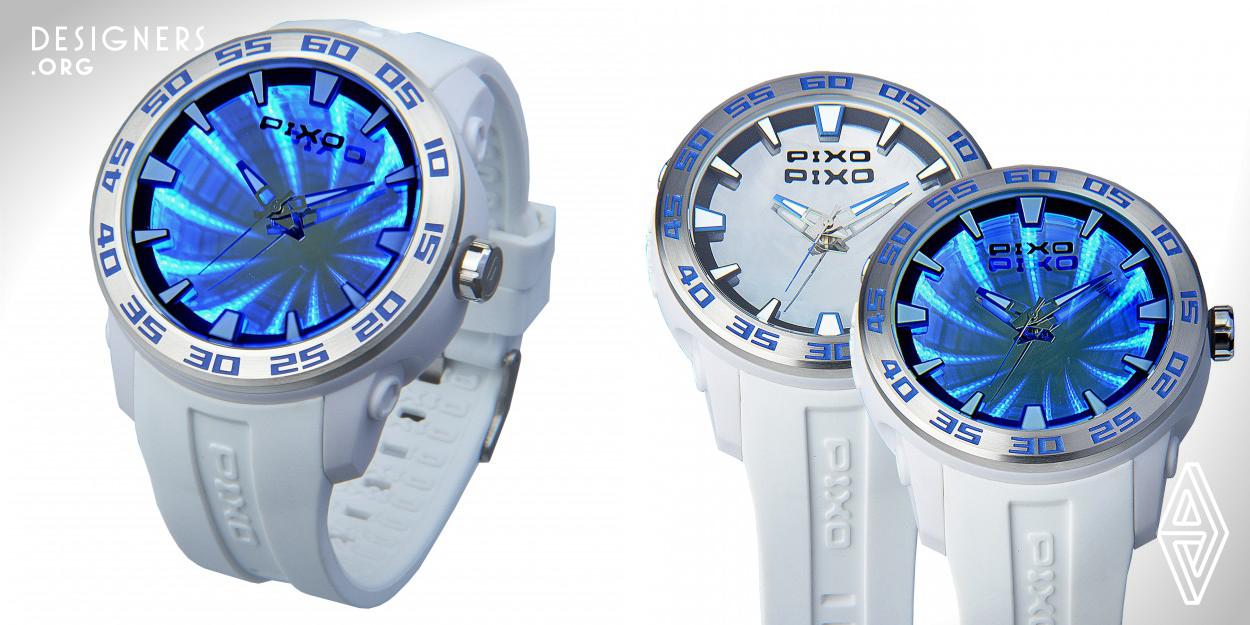 PX-8 Time Tunnel, is a special watch with 3D light effect. The virtual depth light effect similated the "Time Tunnel" effect which is inspired from those sci-fic movies. The light effect is activated by pressing the Light button. There are 4 light colors available, they are: orange, red, blue and white. The watch case is made of reinforced plastic and with stainless steel top ring, and fit with silicon rubber strap.