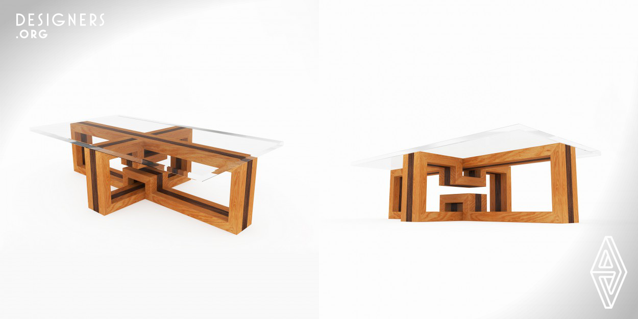 Klotz is a coffee table that has a glass top and wooden legs made of six separate parts. The legs are constructed by bracing three wood blocks, producing a simple and sculptural form. Light oak and black oak are used for structure to make a color contrast and it presents the structure of legs more clearly.