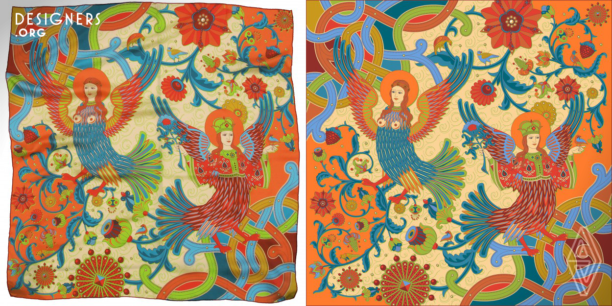 The original composition of traditional Russian mythological images, Sirin and Alkonost, is printed on 100% silk scarves (serigraphy, 11 colors). Sirin was endowed with magical features of protective nature, beauty, happiness. Alkonost is the Bird of Dawn controls the wind and the weather. "On the Ocean Sea, on the isle of Buyan, there stands a moist strong Oak”. From the two birds, building their nest in the Oak, began a new life on Earth. The Tree of Life became a symbol of life, and, protecting the two birds, a symbol of good, well-being and family happiness.