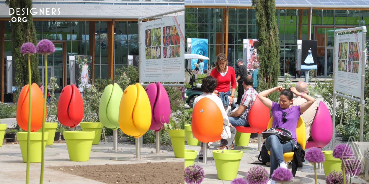 Tulpi-design is a Dutch design studio with a flair for quirky, original and playful design for indoor and outdoor environments, with a major focus on public design. Marco Manders achieved international recognition with his Tulpi-seat. The eye-catching Tulpi-seat, will add color to any environment. It is an ideal combination of design, ergonomics and sustainability with a huge fun factor! The Tulpi-seat automatically folds when its occupant gets up, guaranteeing a clean and dry seat for the next user! With 360 degree rotation, the Tulpi-seat lets you choose your own view! 