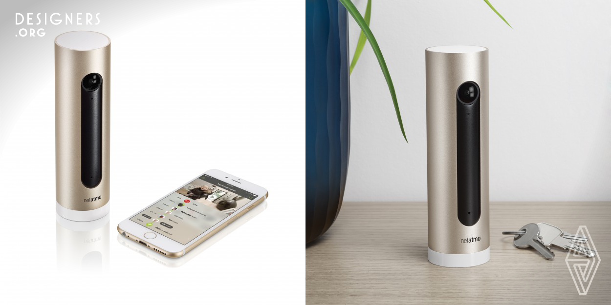Welcome’s design is elegant and non-intrusive, unlike traditional home security cameras. Welcome’s sophisticated technology is hidden in a slim cylinder-shaped aluminum body. Welcome is buttonfree, therefore all interaction happens in the companion App. A fine black plastic piece blends with the camera’s lense and covers elegantly the infrared LED and microphone. The pure shape and the warm gold tone make Welcome harmonious. Welcome highly respects the user’s privacy which is also reflected in its design: Welcome blends into each home interior, it blends into the user’s life.
