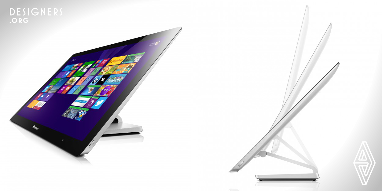 Lenovo A740 is the slimmest 27” touchscreen multi-mode all-in-one PC. The full aluminum uni-body structure, delivers thinness (4.5mm thick), solid build quality and reduction of mechanical parts amount at the same time. The unique 4 bar linkage mechanism inside the arm synchronize the movements of the 2 hinges on the head and body, providing an ergonomic and comfortable way to switch between different usage modes, setting up a new benchmark for the computer industry. 
