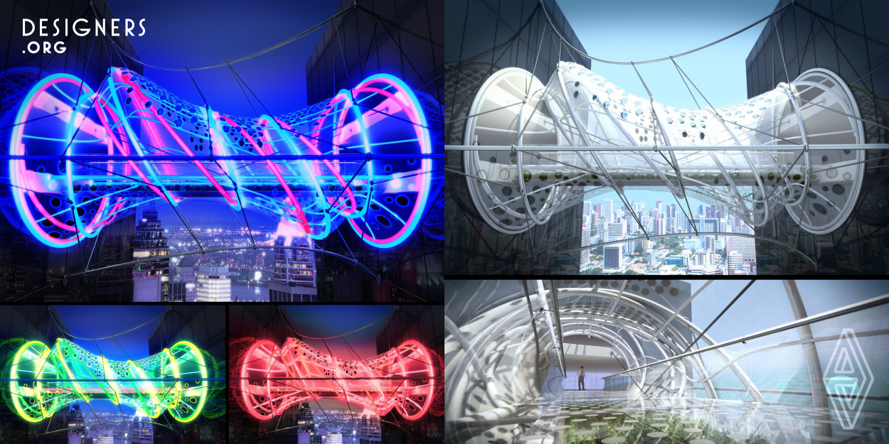 Dynamic ShapeShifting Helix Bridge

Sustainable Pedestrian Bridge to cross between 2 existing buildings with Structural Flexibility. Being a flexible tensile structure, by applying more tension to different points, a technological dynamic deformation can be achieved in response to the people crossing the bridge. It becomes a living element that responds to its use.

The project features a Modular Design, Structural Flexibility, Dynamic Reaction, Photovoltaic Energy, Air-Cleaning Plants and LED RGB Technology.