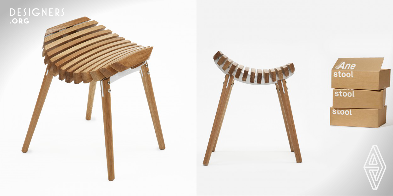 The Ane stool has solid timber slats of timber that appear to float harmoniously, yet independently from the timber legs, above the steel frame . The designer states that the seat, hand crafted in certified eco-friendly timber, is formed through the unique use of multiple pieces of one shape of wood positioned and cut in a dynamic way. When seated on the stool, the slight rise in angle to the back and the roll off angles on the sides are finished in a way that provides a natural, comfortable sitting position. The Ane stool has just the right degree of complexity to create an elegant finish.